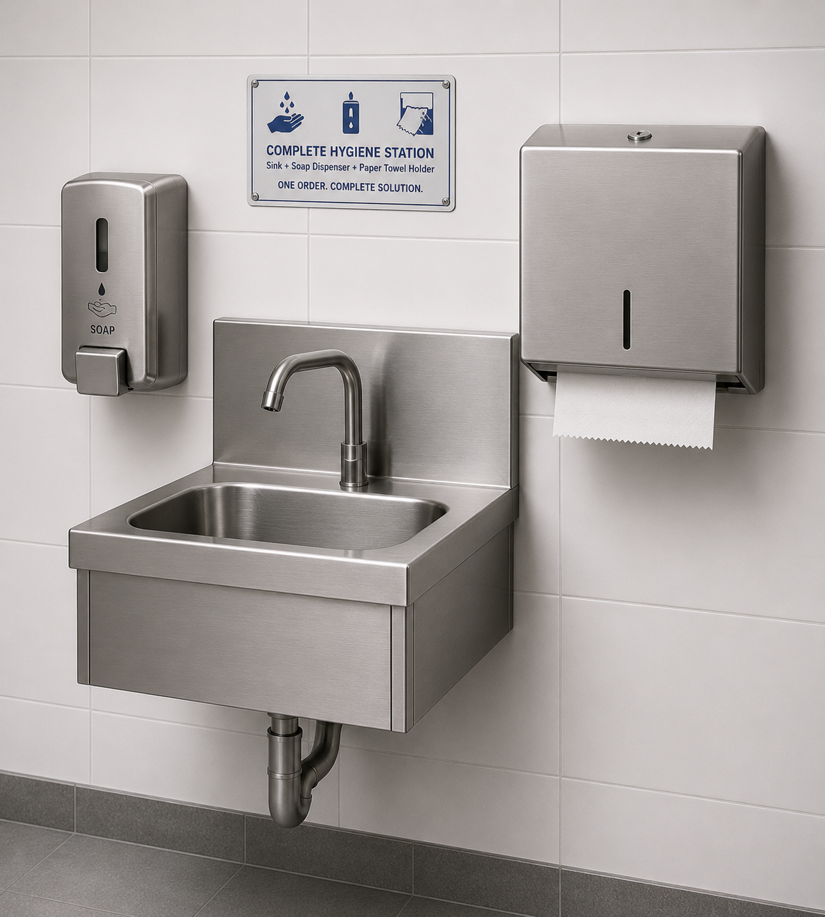 Handwaschbecken mit Seifenspender & Papierhalter